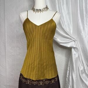 Boho Fairy Satin Slip Camisole Top Gold Geometric Print V Neck Fits Womens Small